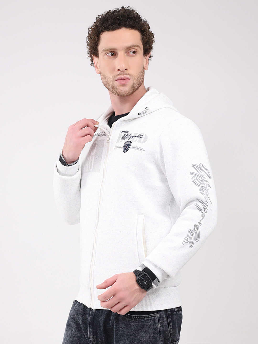 Men White Printed Hooded Full Sleeve Sweatshirt