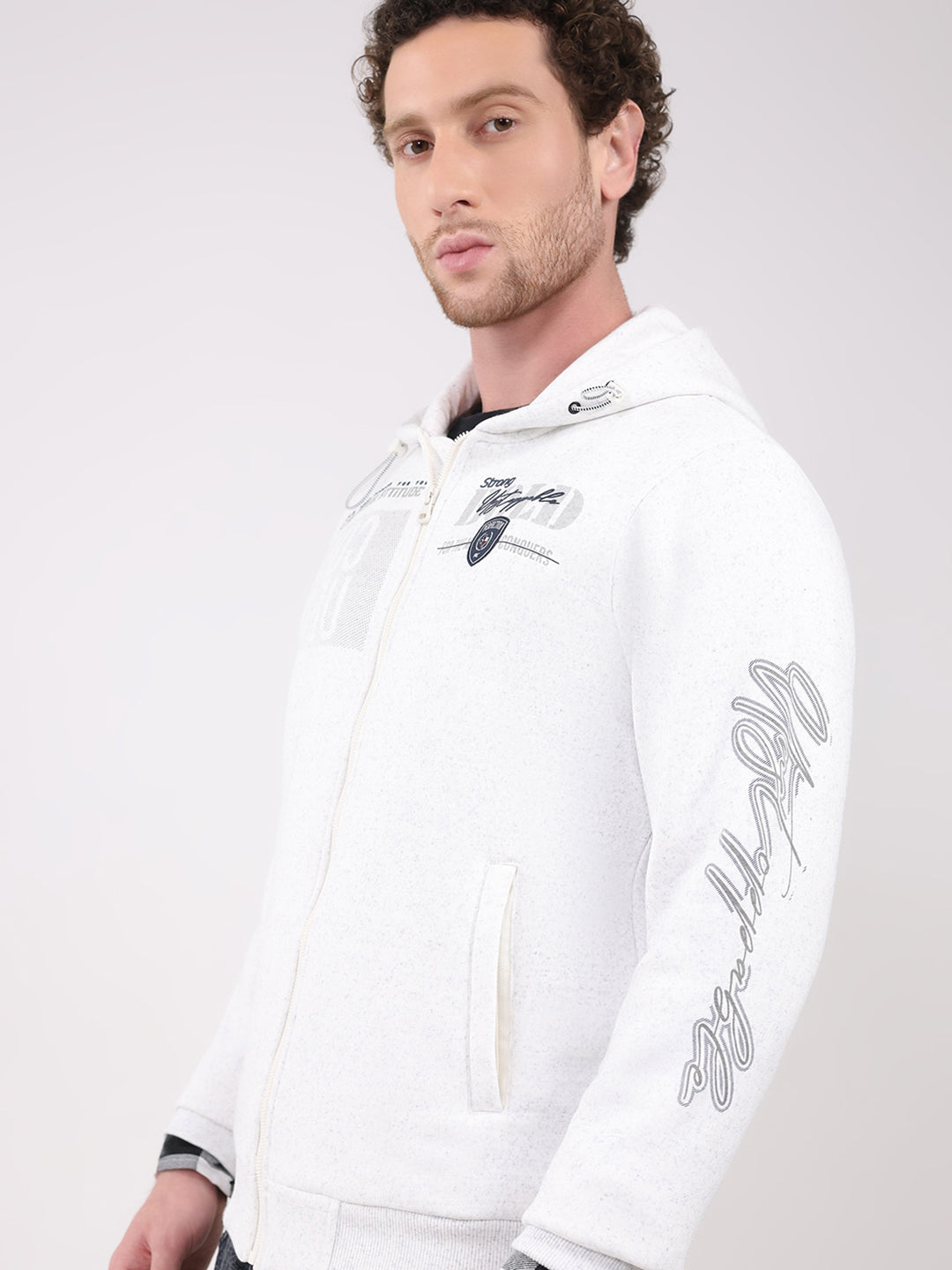 Men White Printed Hooded Full Sleeve Sweatshirt