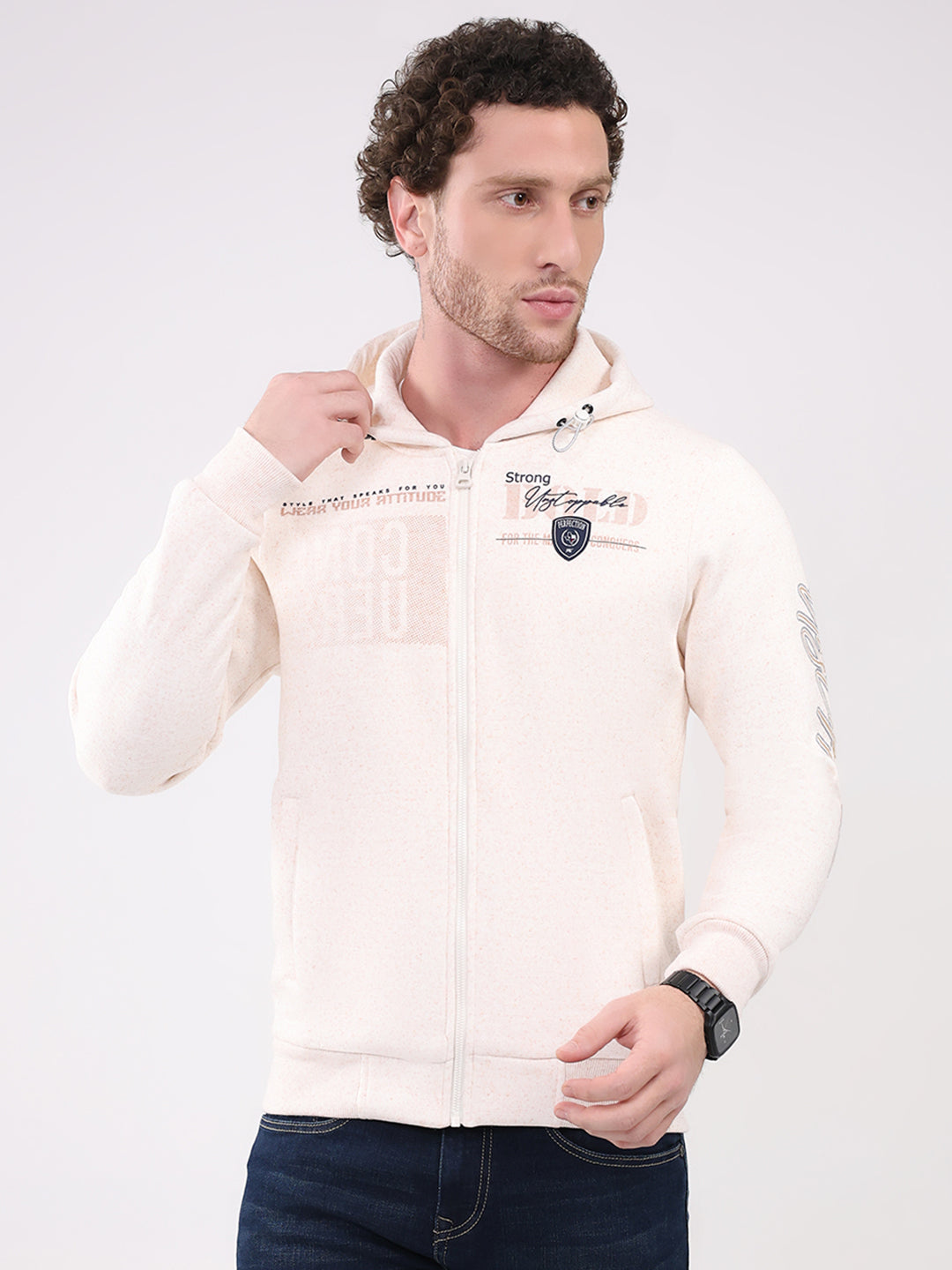 Men Beige Printed Hooded Full Sleeve Sweatshirt