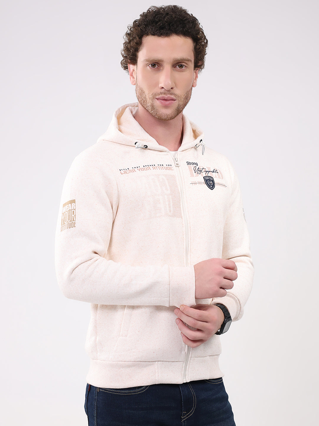 Men Beige Printed Hooded Full Sleeve Sweatshirt