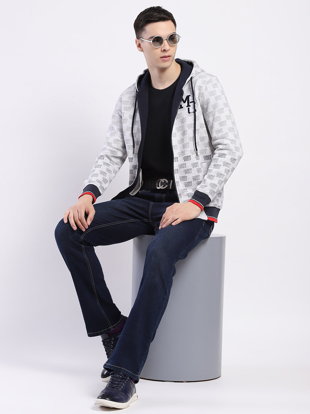 Men Grey Printed Hooded Full Sleeve Sweatshirt