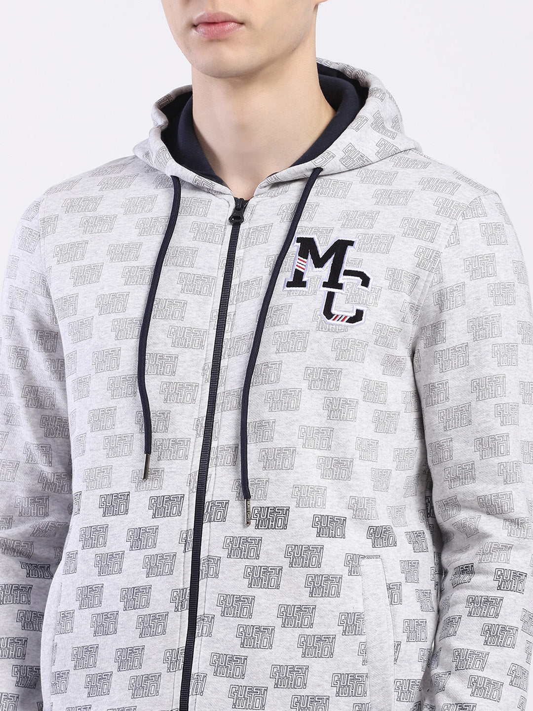 Men Grey Printed Hooded Full Sleeve Sweatshirt