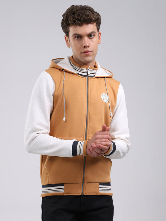 Men Tan Embroidered Hooded Full Sleeve Sweatshirt