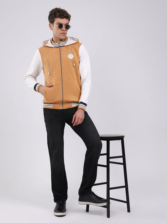 Men Tan Embroidered Hooded Full Sleeve Sweatshirt