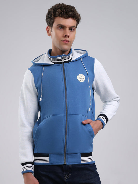 Men Blue Embroidered Hooded Full Sleeve Sweatshirt