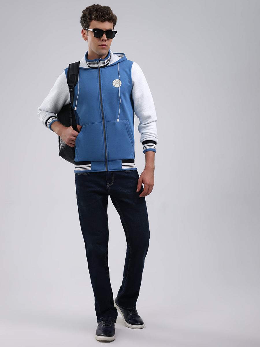 Men Blue Embroidered Hooded Full Sleeve Sweatshirt