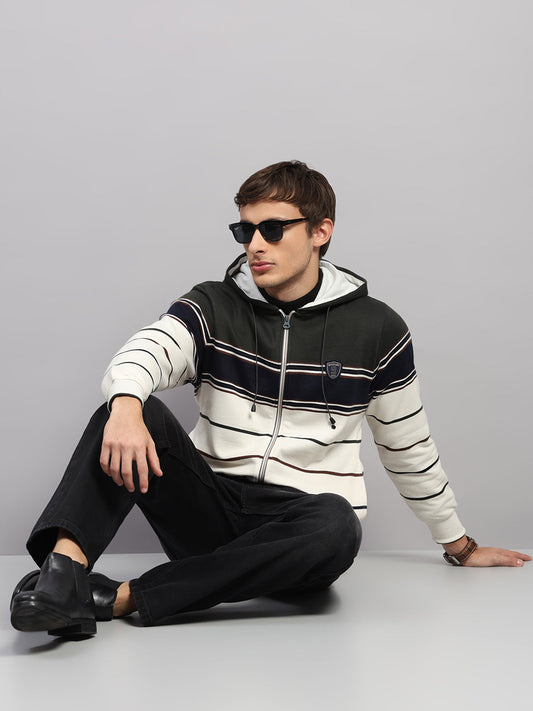 Men Olive Solid Hooded Full Sleeve Sweatshirt