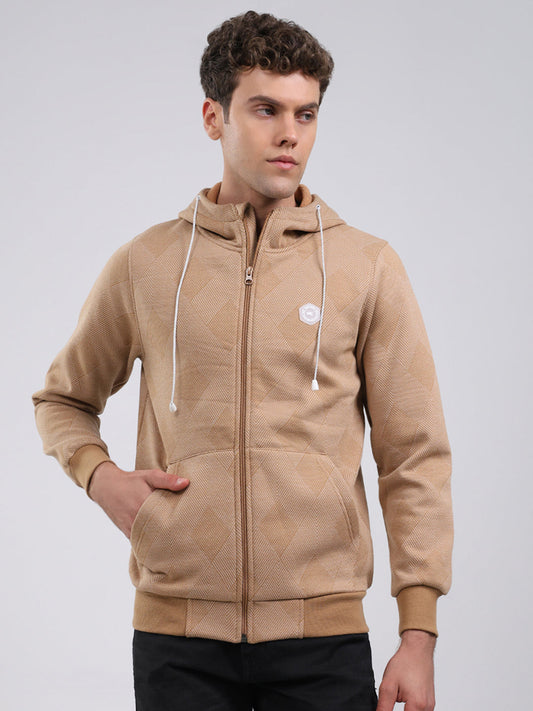 Men Tan Solid Hooded Full Sleeve Sweatshirt