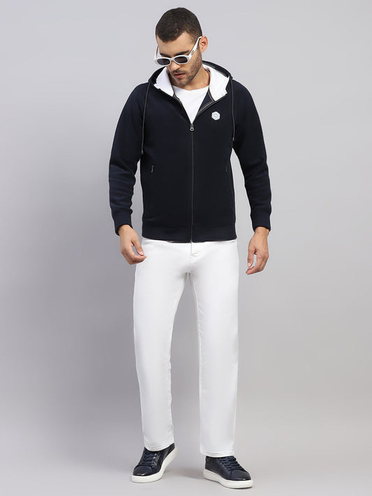 Men Navy Blue Solid Hooded Full Sleeve Sweatshirt