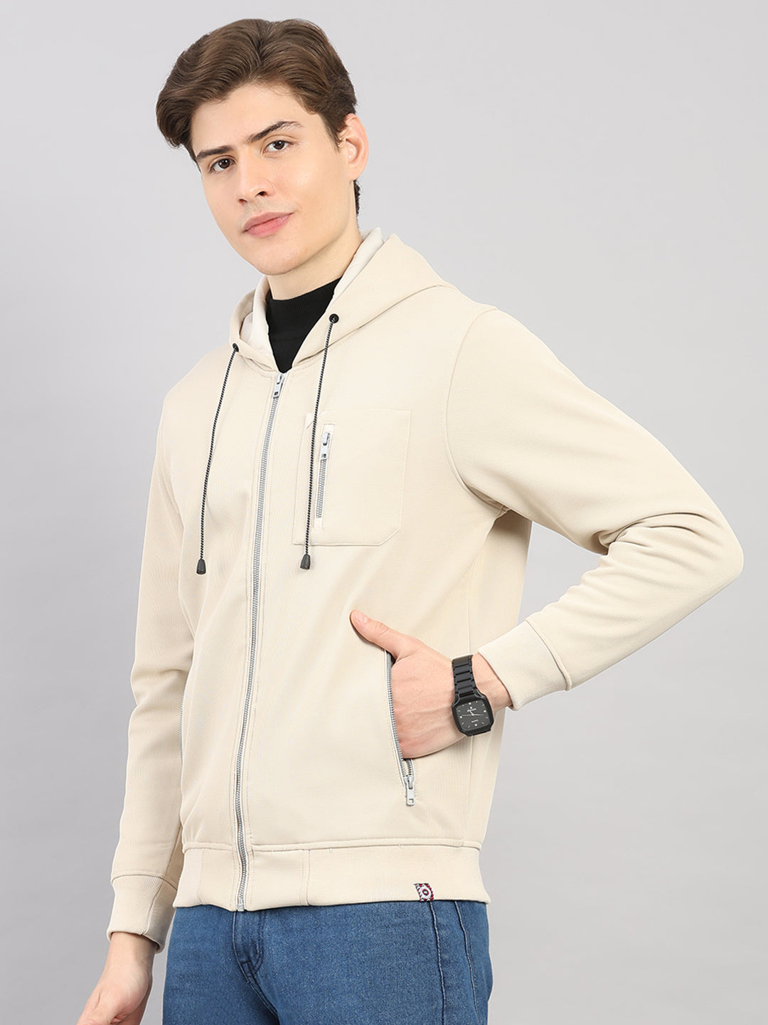 Men Beige Self Design Hooded Full Sleeve Sweatshirt