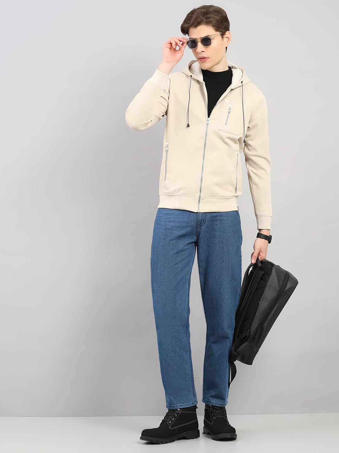 Men Beige Self Design Hooded Full Sleeve Sweatshirt