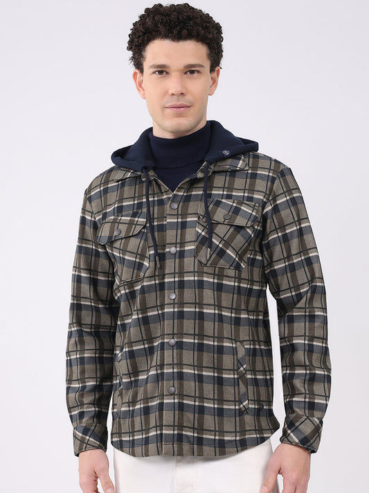 Men Olive Self Design Hooded Full Sleeve Sweatshirt