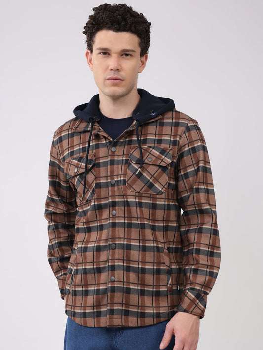 Men Brown Self Design Hooded Full Sleeve Sweatshirt