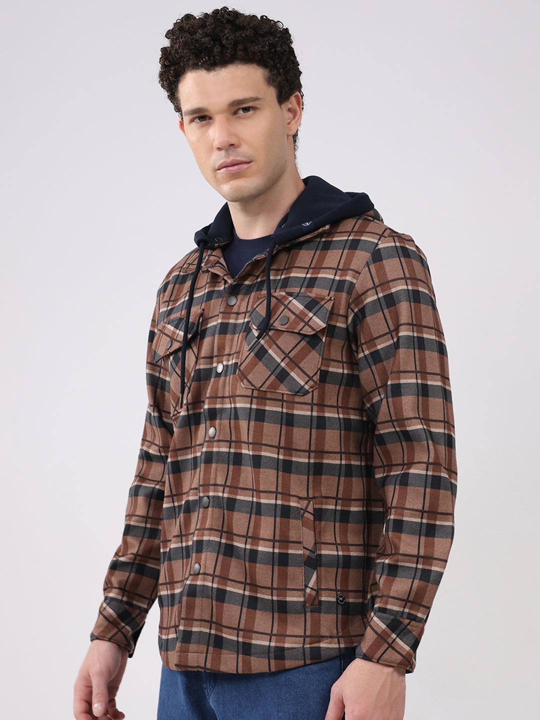 Men Brown Self Design Hooded Full Sleeve Sweatshirt