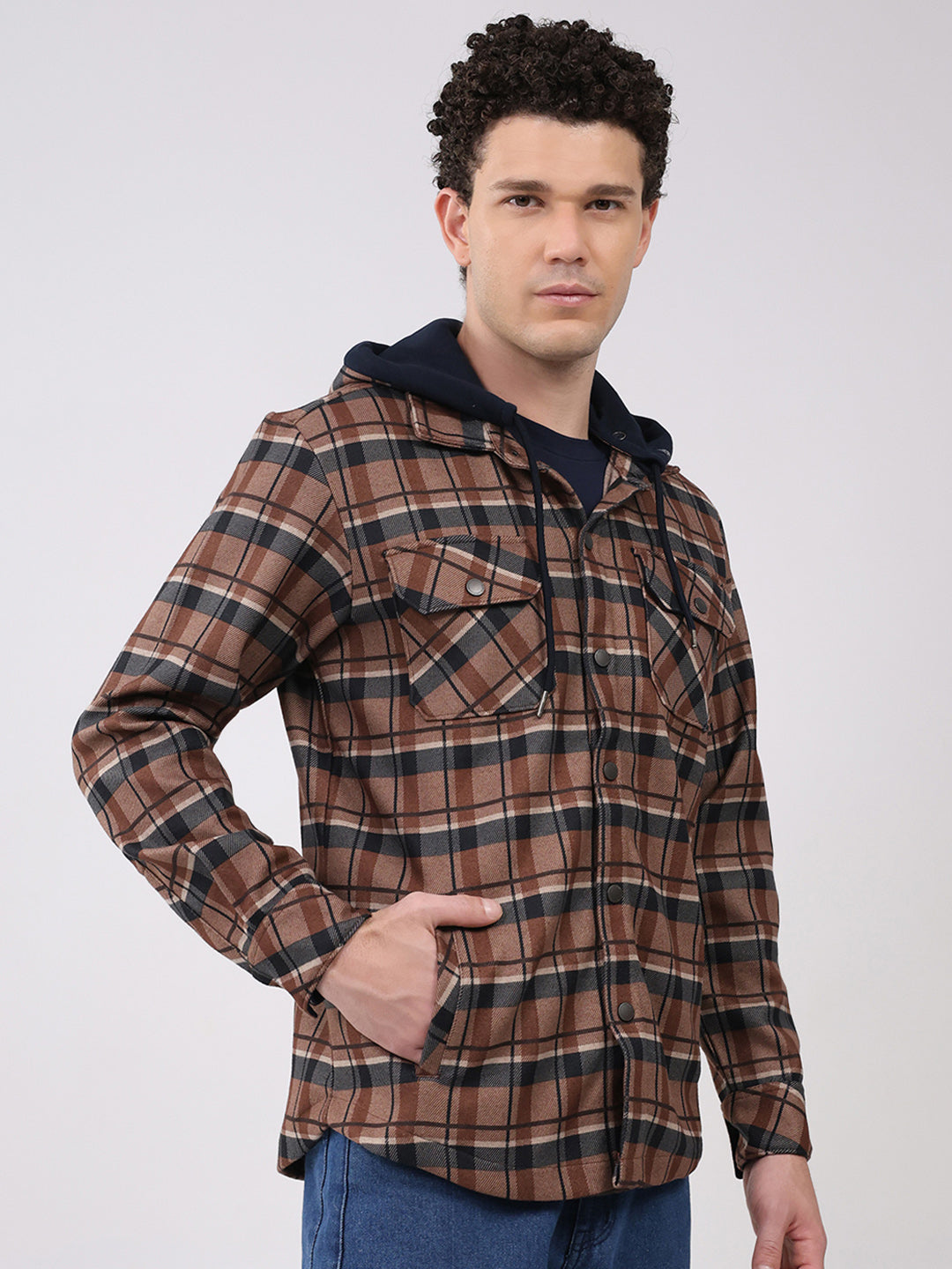 Men Brown Self Design Hooded Full Sleeve Sweatshirt