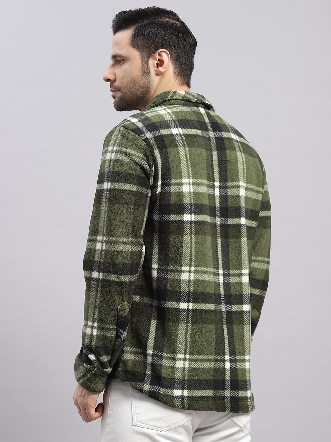 Men Green Self Design Hooded Extra-Warm Full Sleeve Shacket