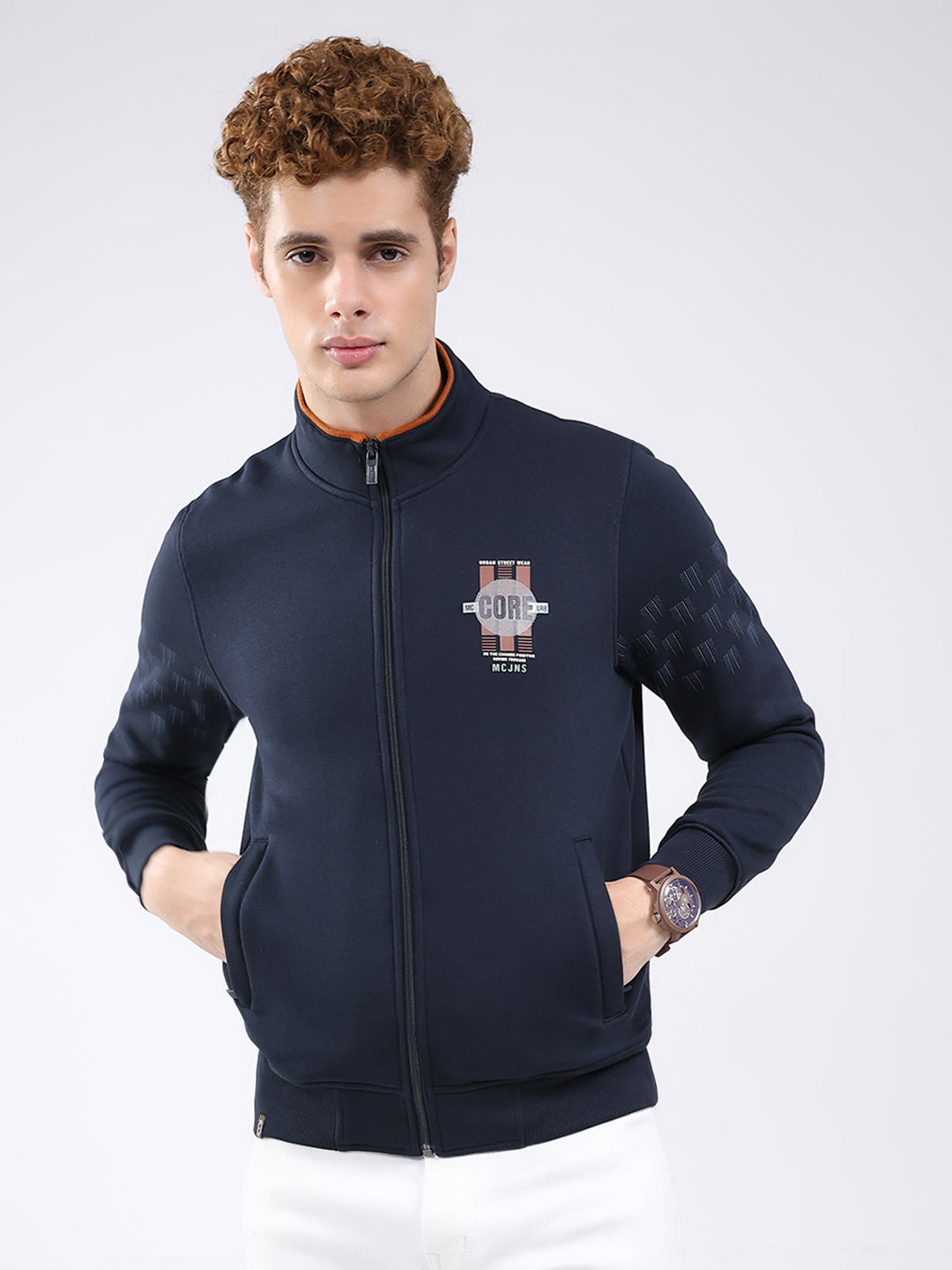 Men Navy Blue Printed Mock Neck Full Sleeve Sweatshirt