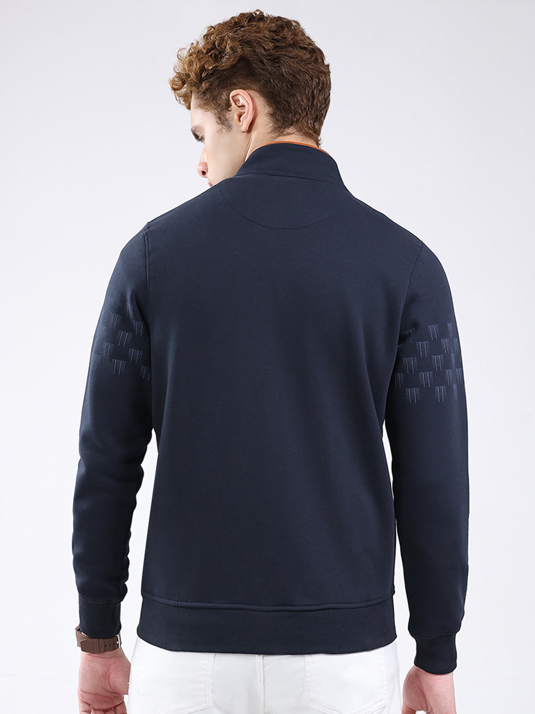 Men Navy Blue Printed Mock Neck Full Sleeve Sweatshirt