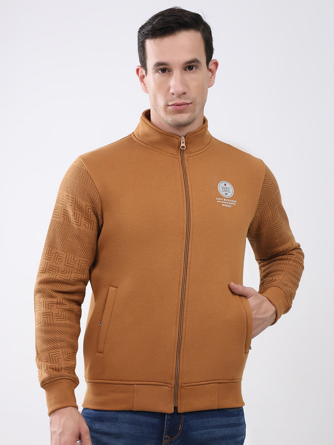 Men Brown Solid Mock Neck Full Sleeve Sweatshirt