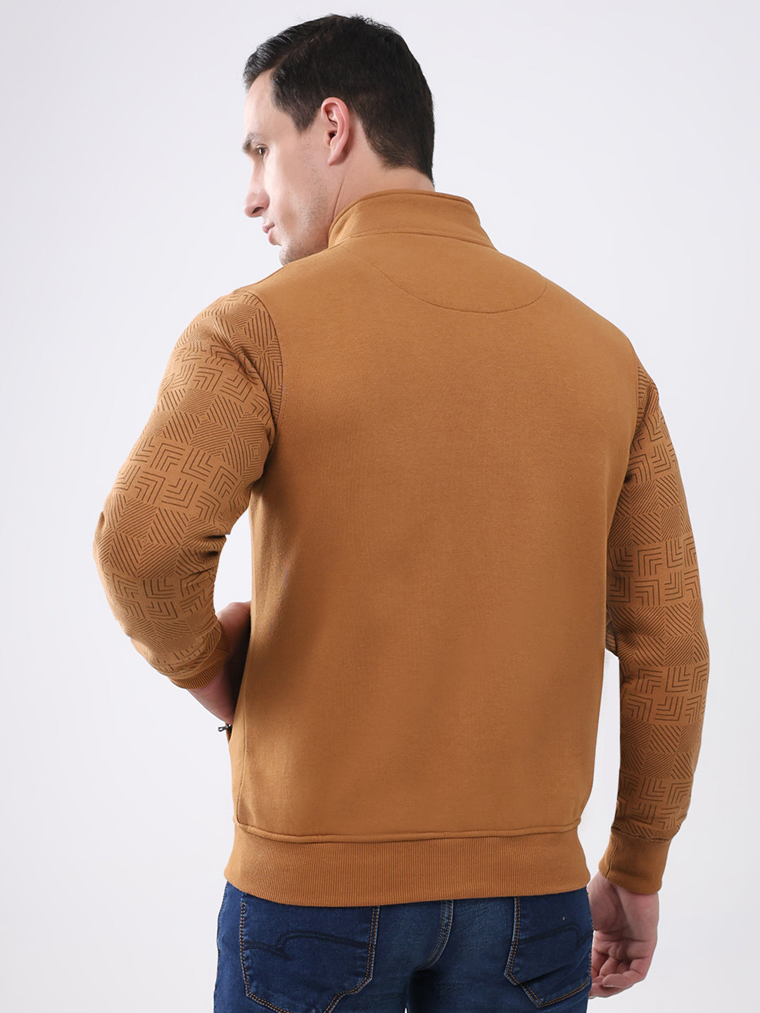 Men Brown Solid Mock Neck Full Sleeve Sweatshirt