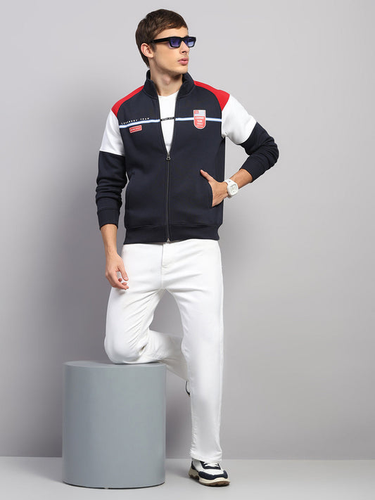 Men Blue Printed Collar Full Sleeve Sweatshirt