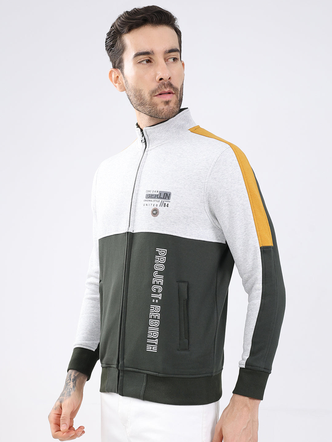 Men Olive Printed Mock Neck Full Sleeve Sweatshirt