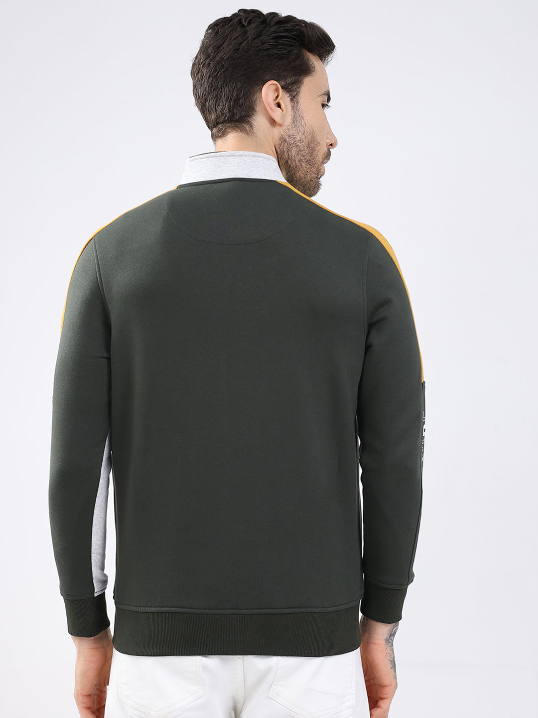 Men Olive Printed Mock Neck Full Sleeve Sweatshirt