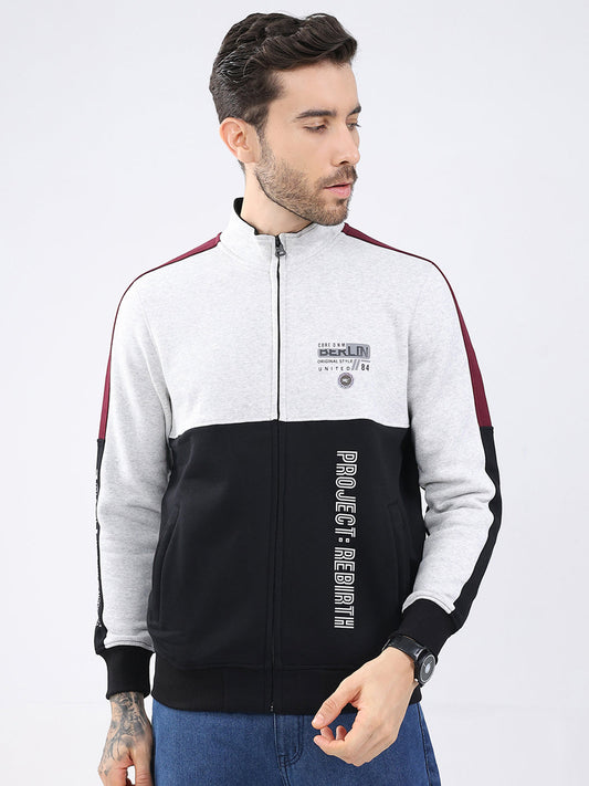 Men Black Printed Mock Neck Full Sleeve Sweatshirt