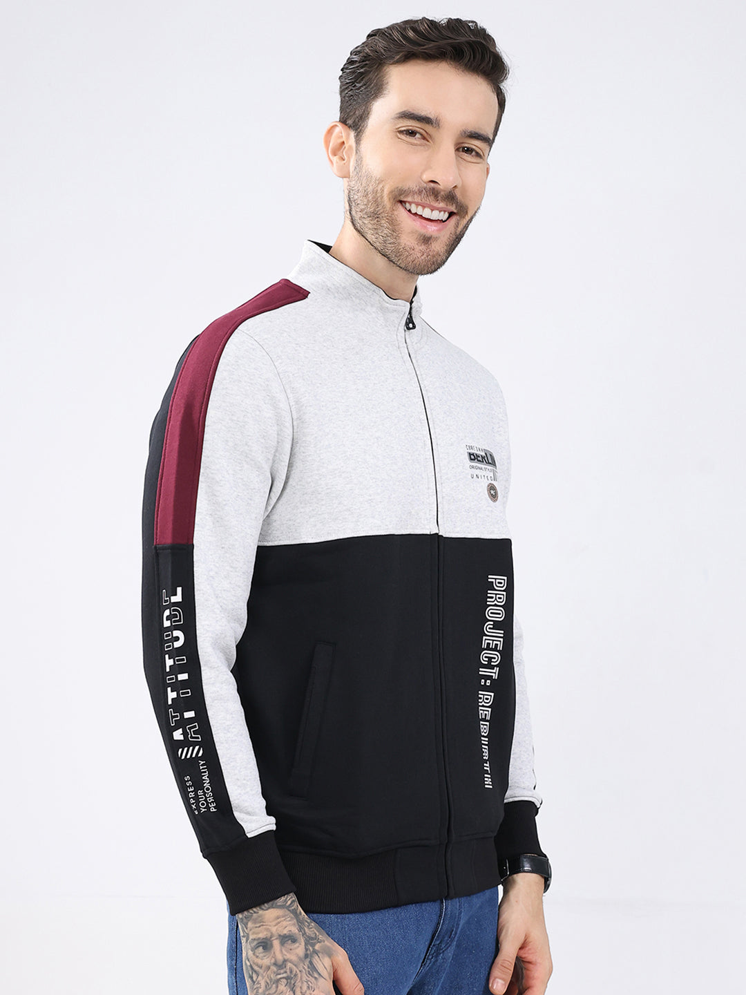 Men Black Printed Mock Neck Full Sleeve Sweatshirt