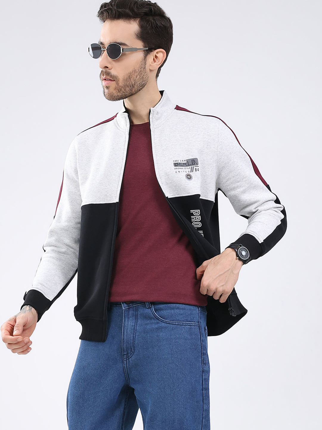 Men Black Printed Mock Neck Full Sleeve Sweatshirt