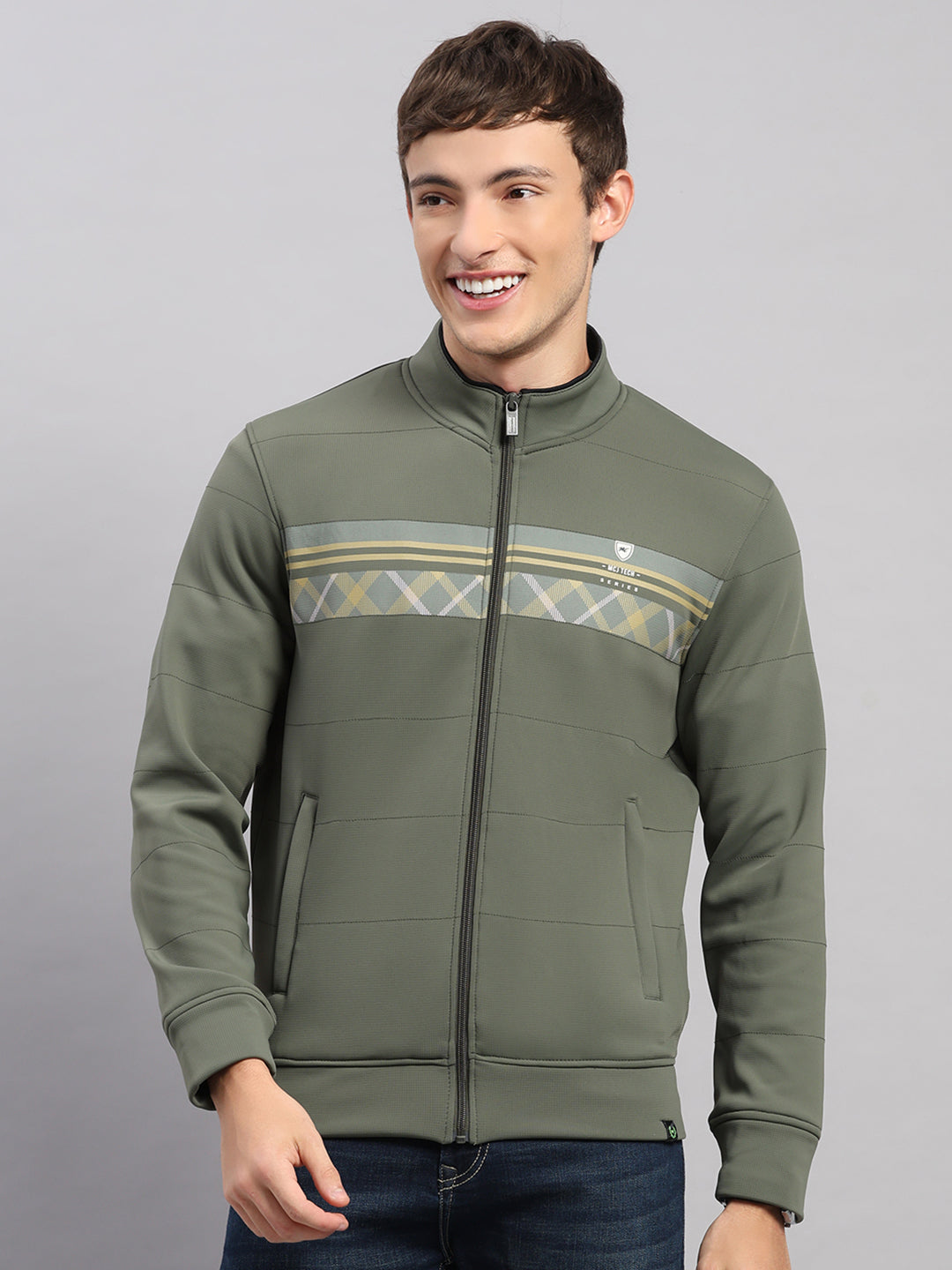 Men Green Self Design Collar Full Sleeve Sweatshirt