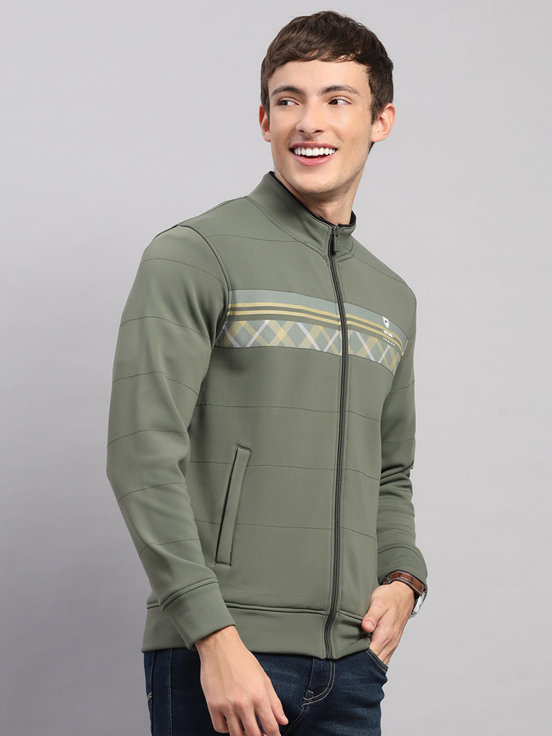 Men Green Self Design Collar Full Sleeve Sweatshirt
