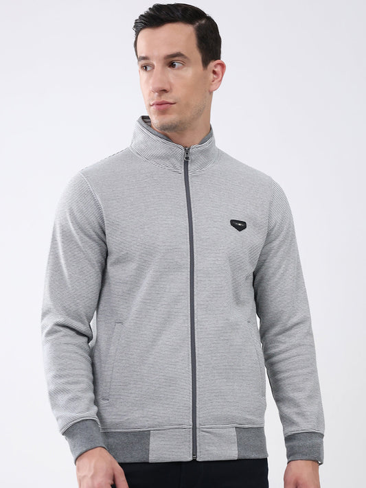 Men Grey Solid Mock Neck Full Sleeve Sweatshirt