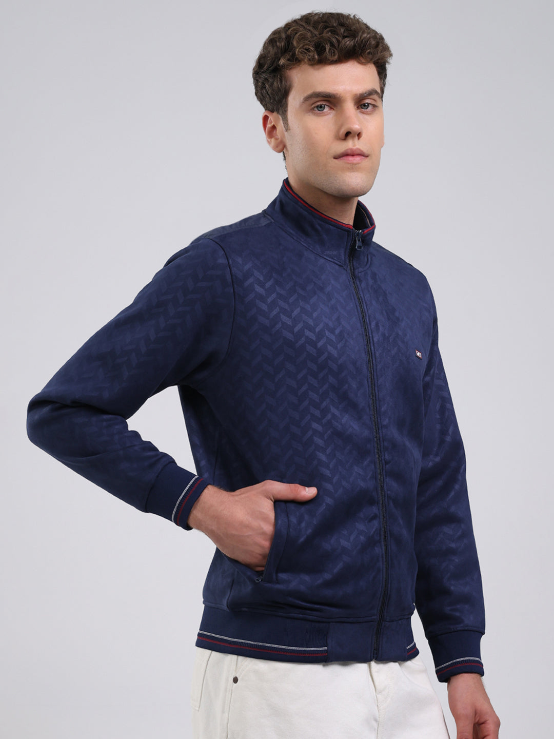 Men Blue Self Design Full Sleeve Sweatshirt with Jacket Vibe