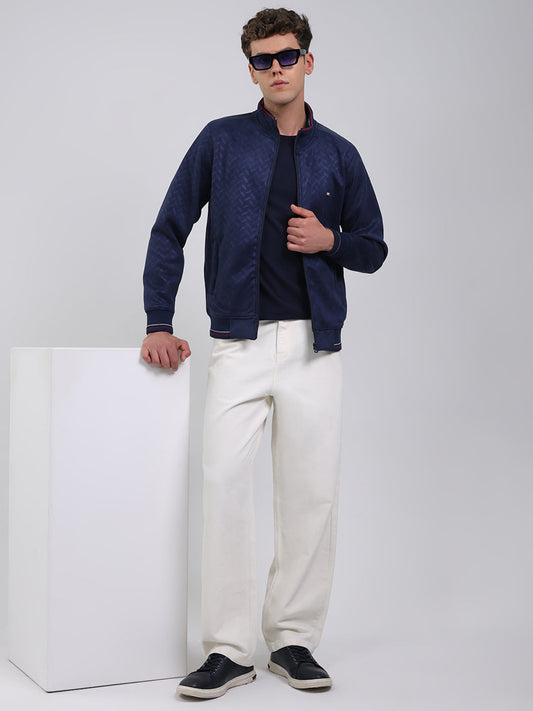 Men Blue Self Design Full Sleeve Sweatshirt with Jacket Vibe