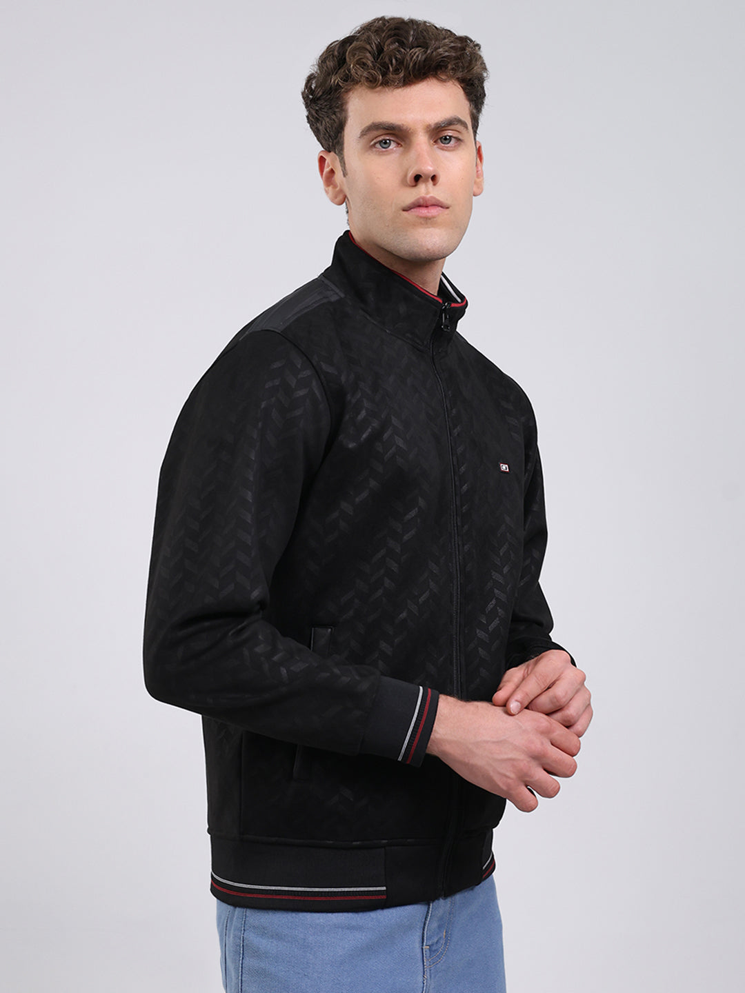 Men Black Self Design Full Sleeve Sweatshirt with Jacket Vibe