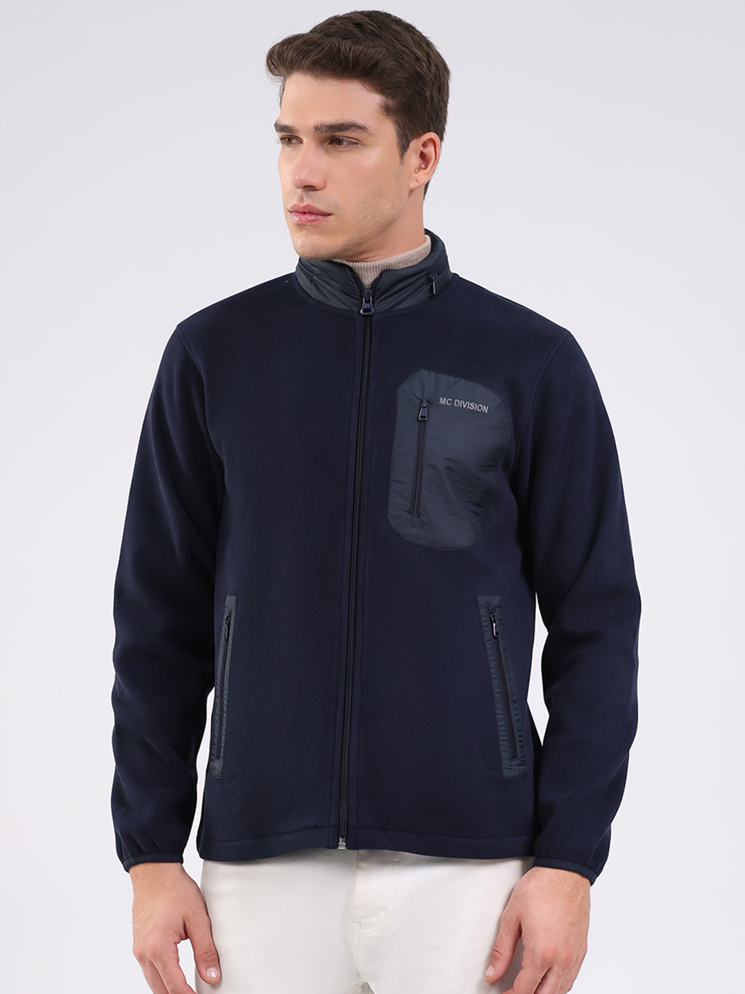 Men Navy Blue Self Design Mock Neck Full Sleeve Sweatshirt