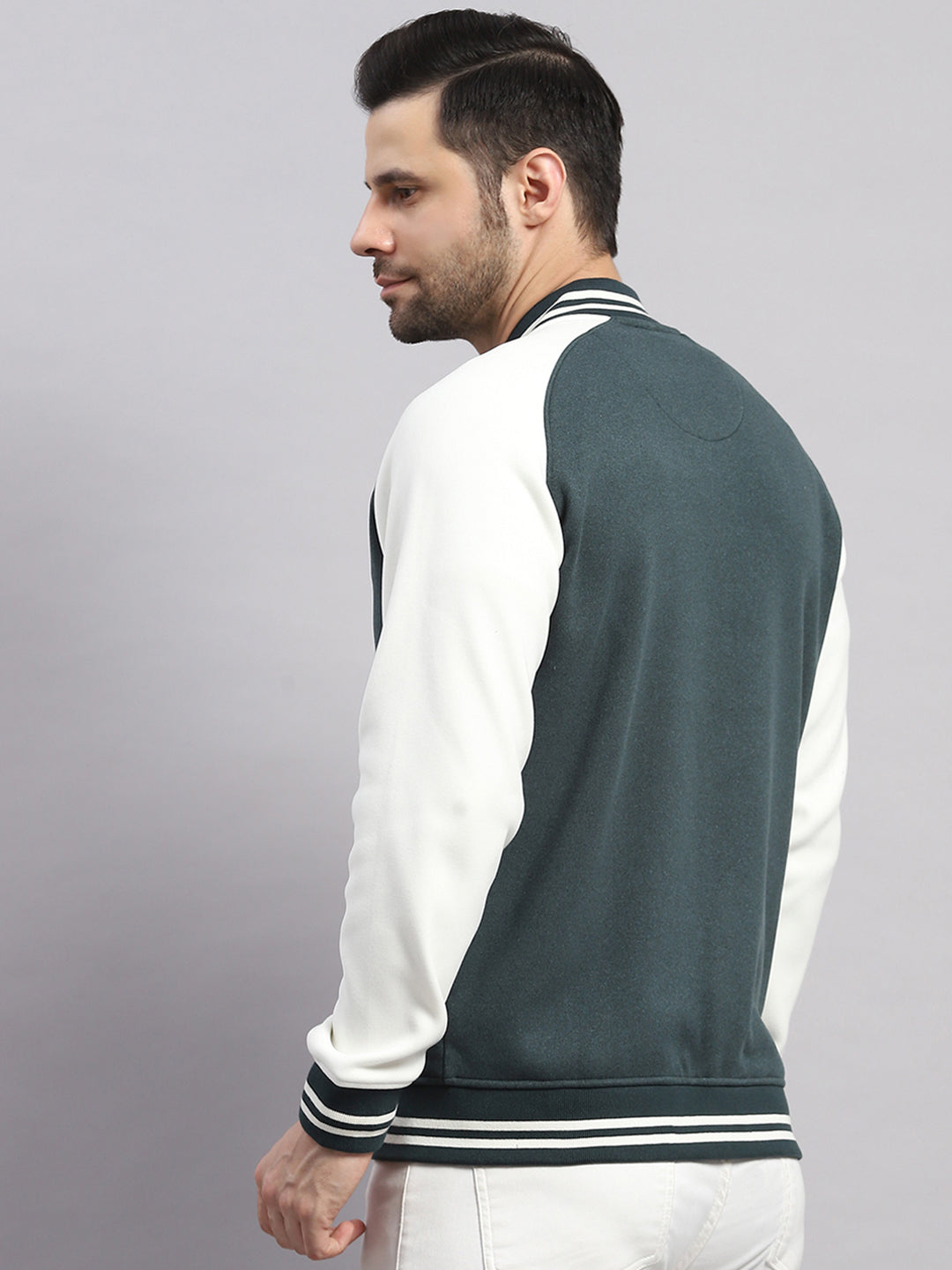Men Green Self Design Collar Full Sleeve Sweatshirt Varsity Collection