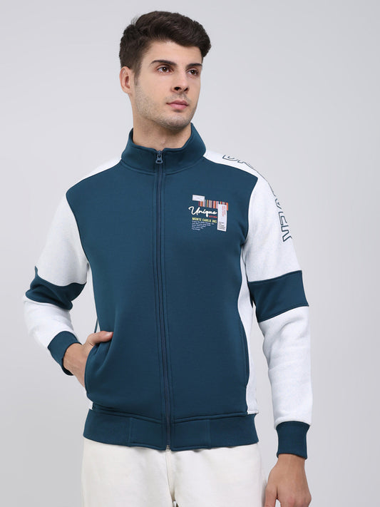 Men Teal Blue Solid Mock Neck Full Sleeve Sweatshirt