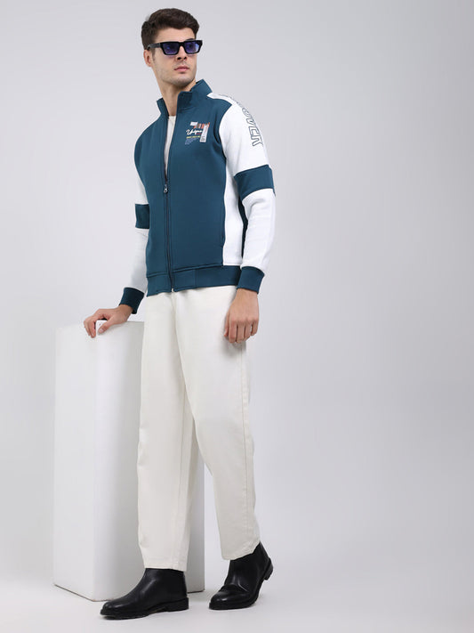 Men Teal Blue Solid Mock Neck Full Sleeve Sweatshirt