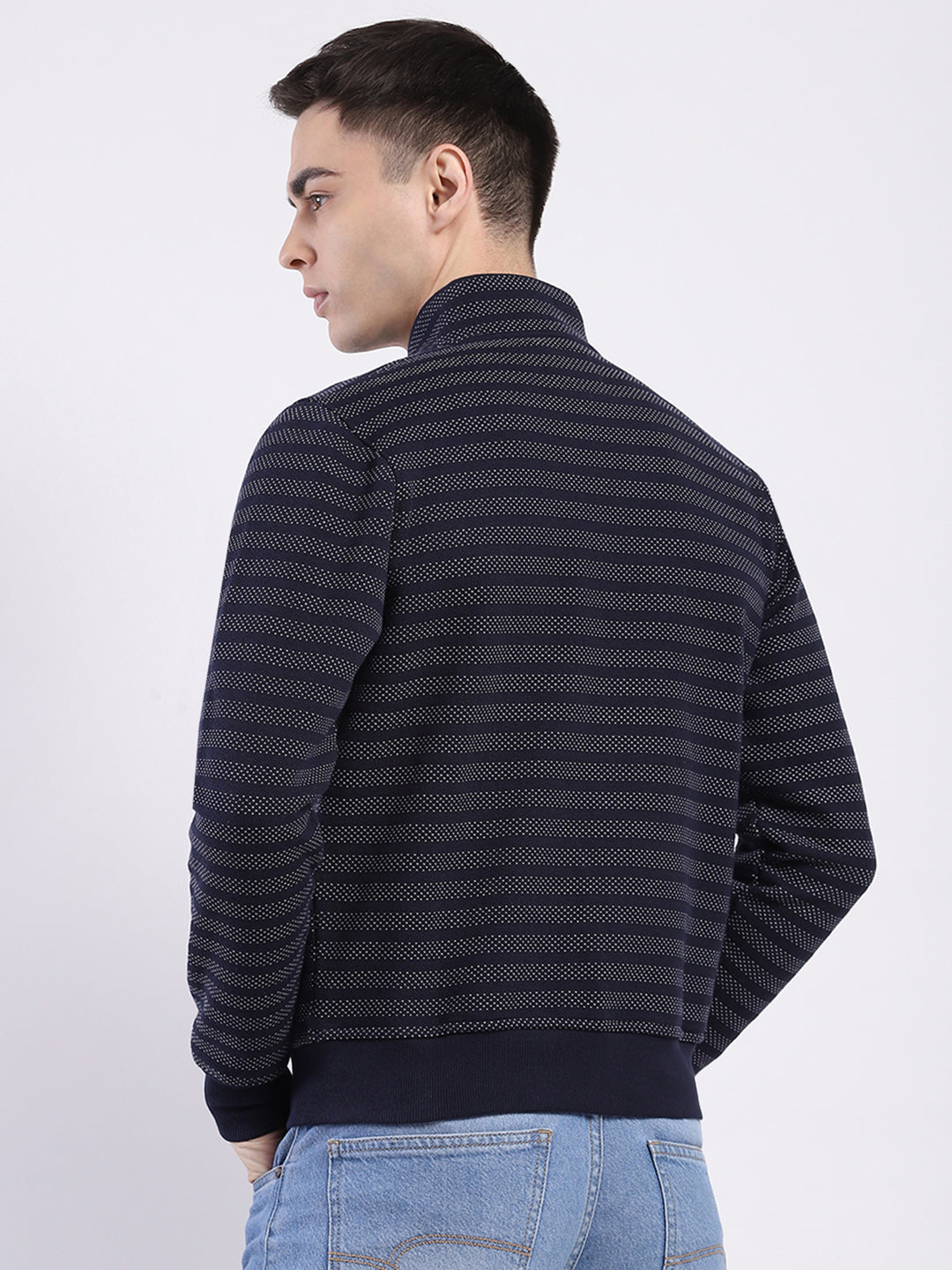 Men Navy Blue Self Design Mock Neck Full Sleeve Sweatshirt