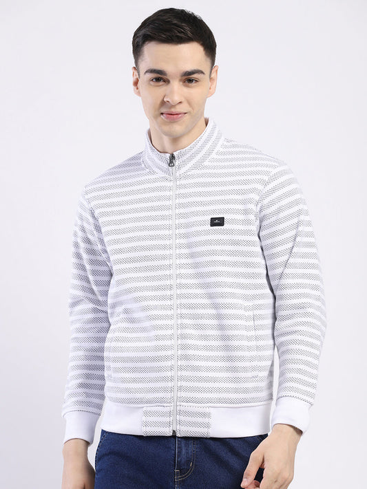 Men Off White Self Design Mock Neck Full Sleeve Sweatshirt
