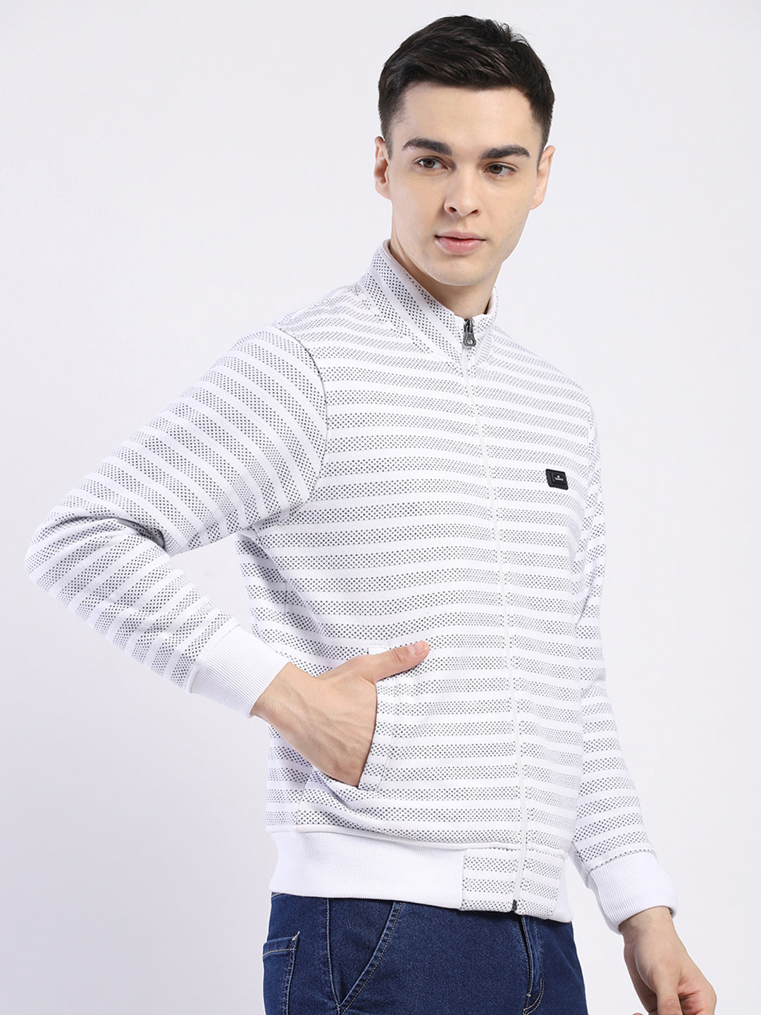 Men Off White Self Design Mock Neck Full Sleeve Sweatshirt
