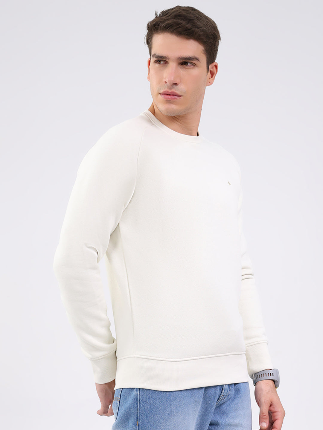 Luxuria Men Cream Solid Round Neck Full Sleeve Sweatshirt