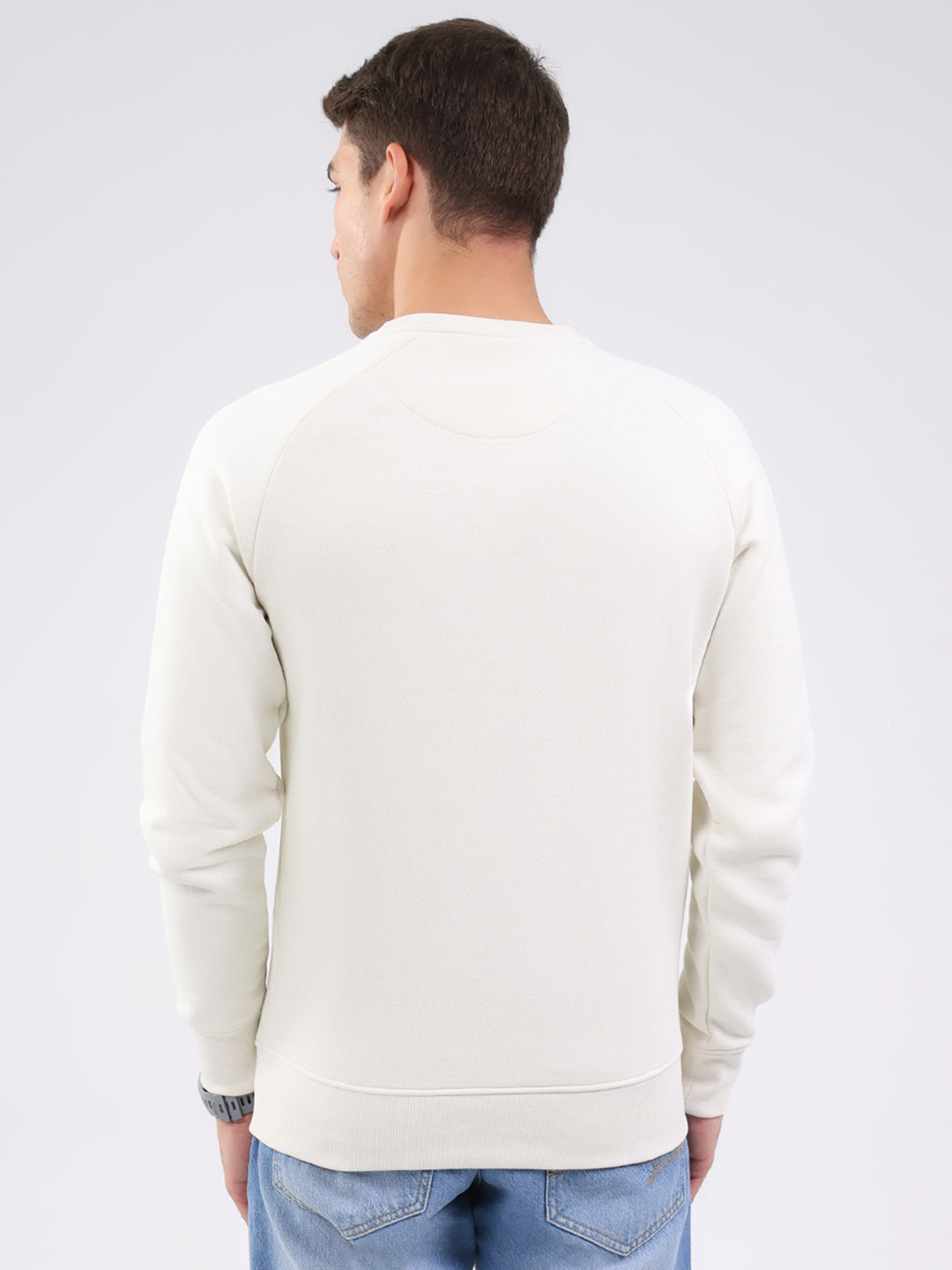 Luxuria Men Cream Solid Round Neck Full Sleeve Sweatshirt