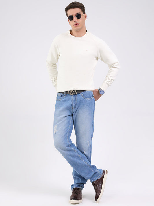 Luxuria Men Cream Solid Round Neck Full Sleeve Sweatshirt