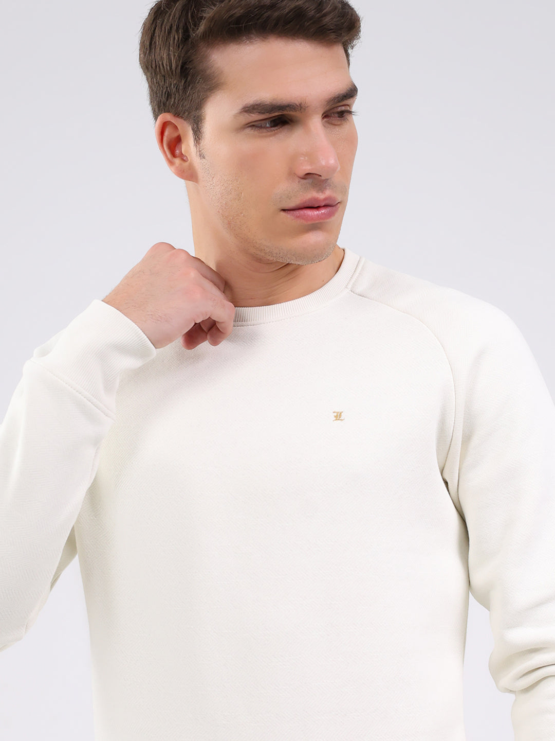 Luxuria Men Cream Solid Round Neck Full Sleeve Sweatshirt