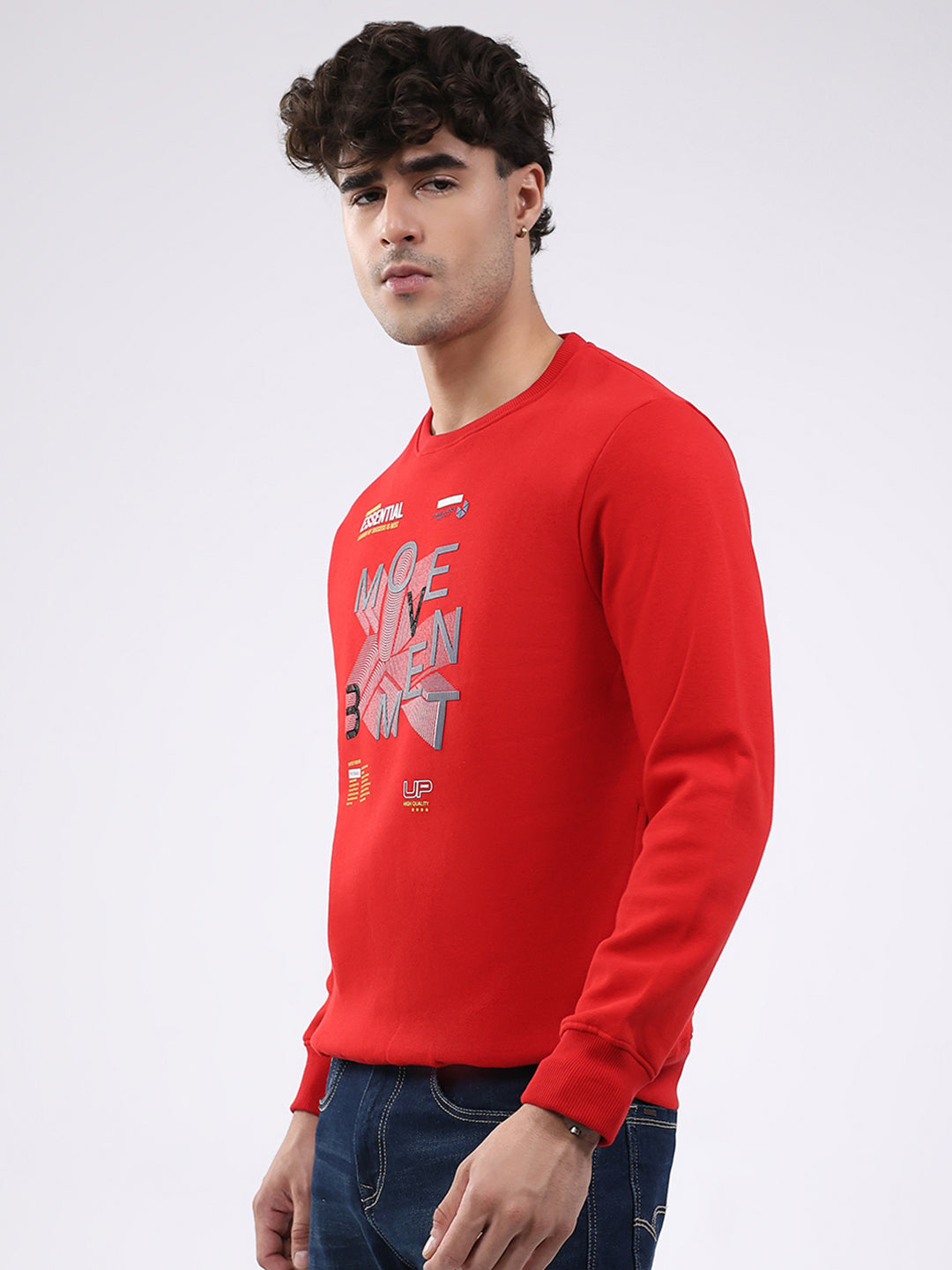 Men Red Printed Round Neck Full Sleeve Sweatshirt