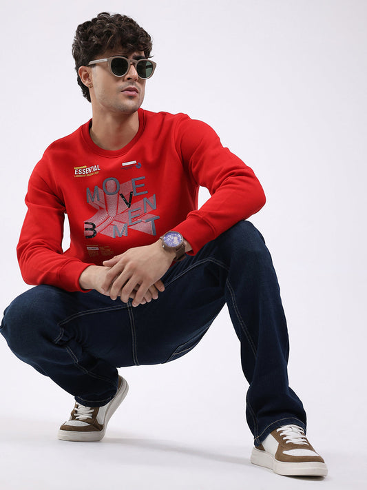 Men Red Printed Round Neck Full Sleeve Sweatshirt