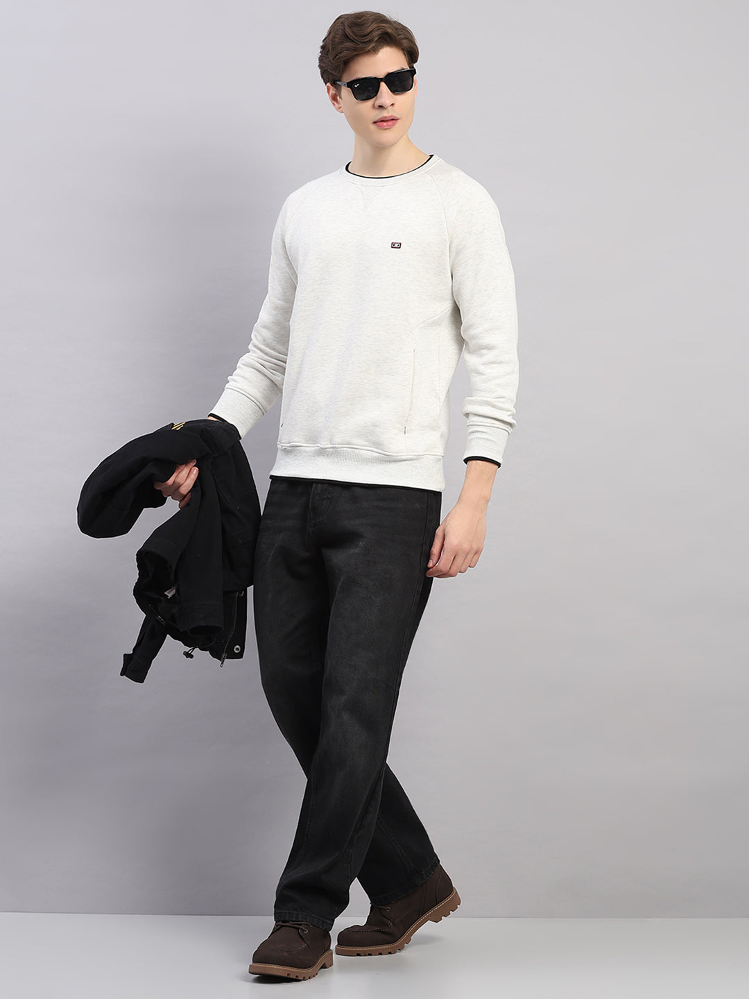 Men Off White Solid Round Neck Full Sleeve Sweatshirt